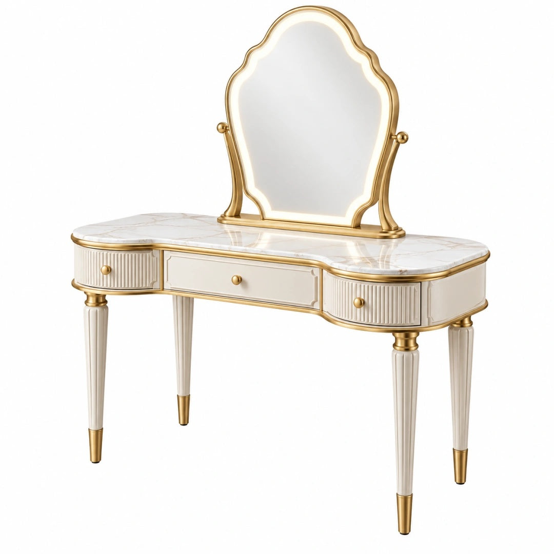 Coiffeuse 120 x 45 x 145 cm blanche et dorée avec miroir lumineux et 3 tiroirs style classique