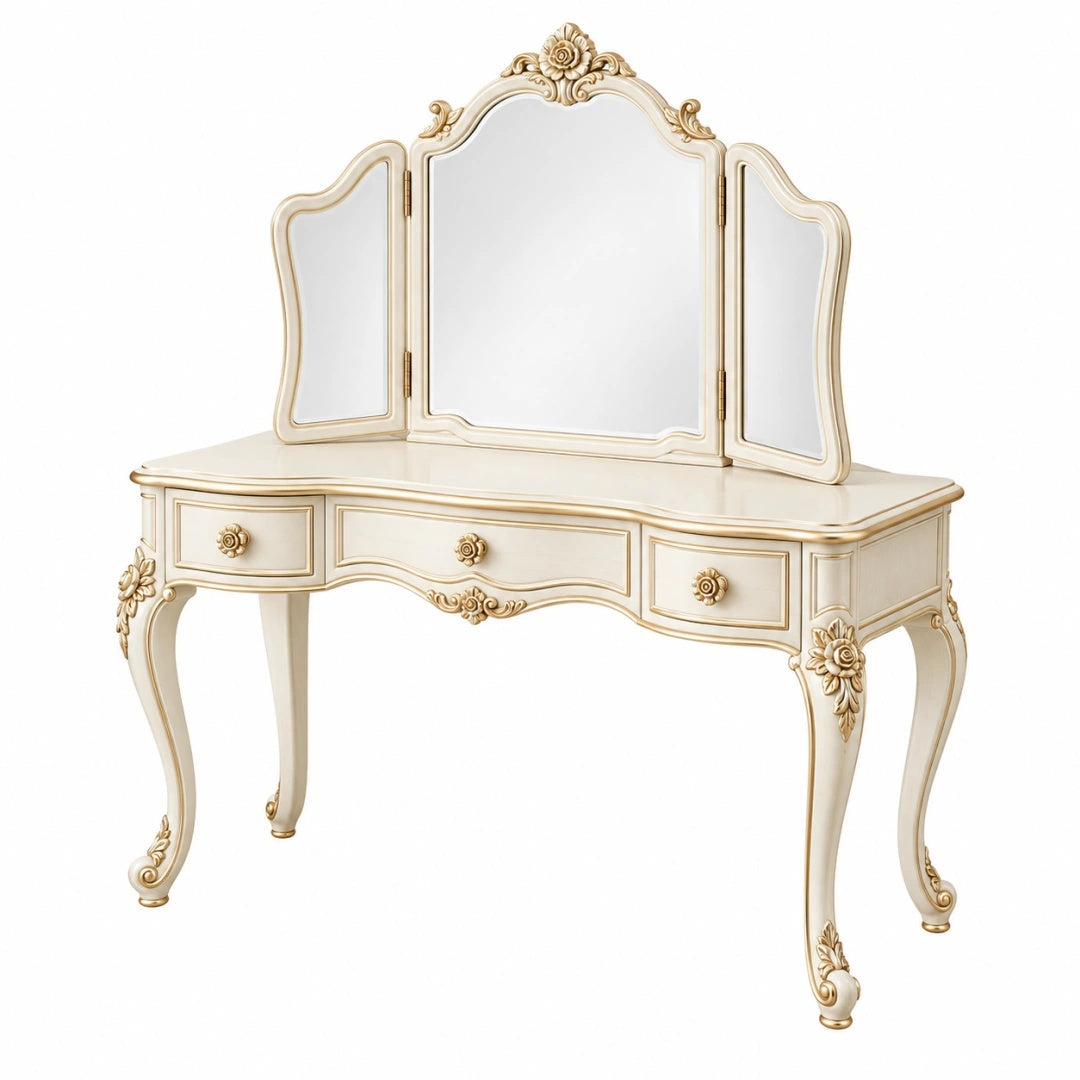 Coiffeuse 120 x 45 x 155 cm ivoire et doré avec miroir triptyque style classique