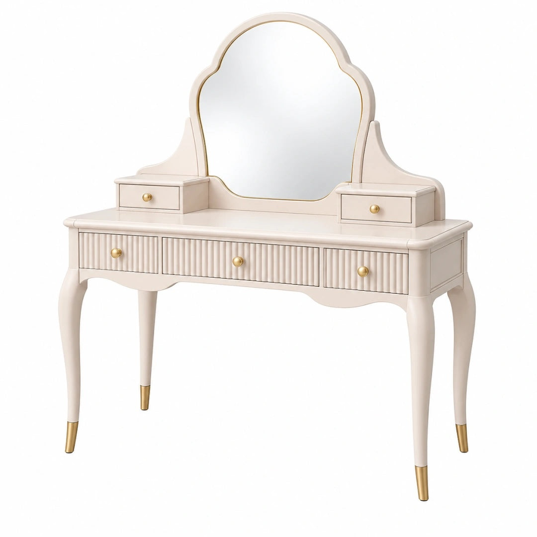 Coiffeuse 110 x 45 x 155 cm en bois blanc avec miroir et tiroirs style classique