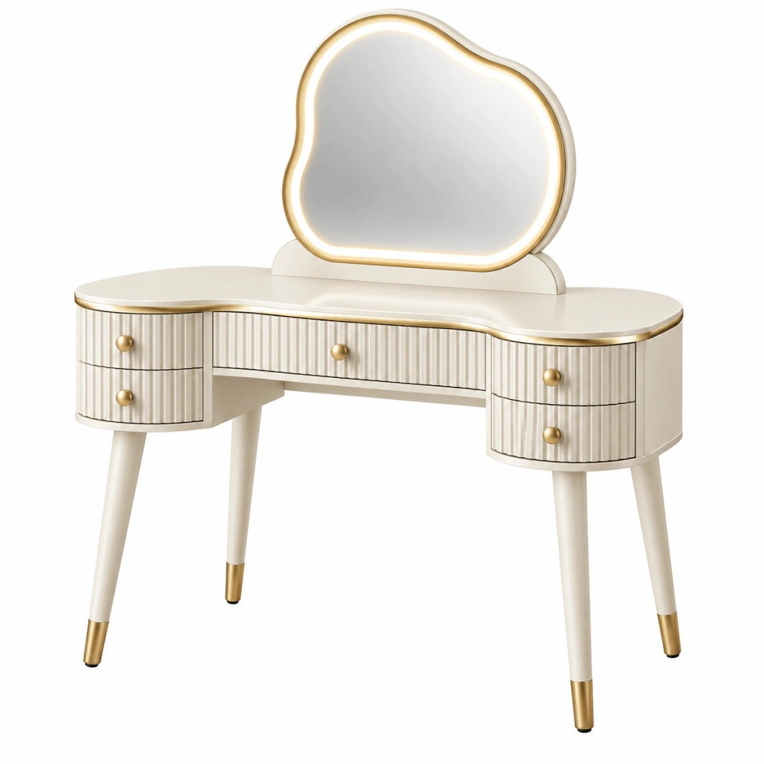Table de coiffeuse 120 x 45 x 145 cm en bois blanc avec miroir éclairé et 5 tiroirs