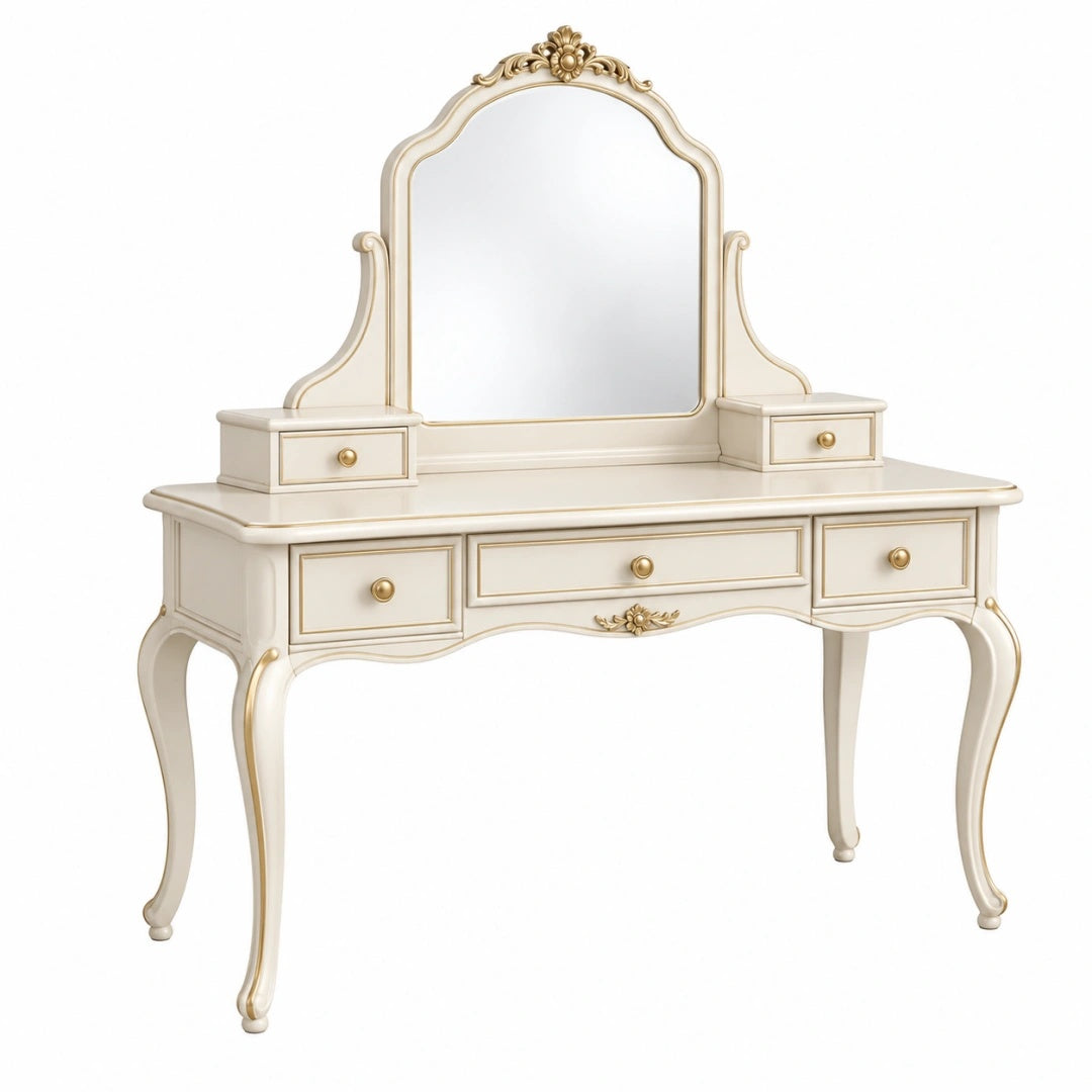 Coiffeuse 120 x 45 x 150 cm en bois blanc et doré avec miroir style classique