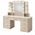 Coiffeuse 140 x 50 x 155 cm beige et doré avec miroir lumineux et rangements