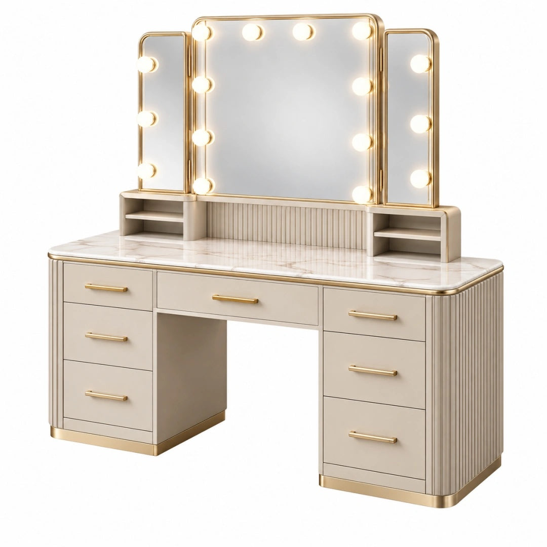 Coiffeuse 140 x 50 x 155 cm beige et doré avec miroir lumineux et rangements