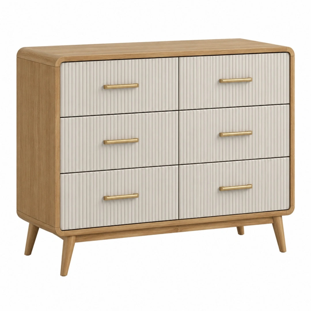 Commode 6 tiroirs 120 x 40 x 90 cm bois naturel blanc style scandinave