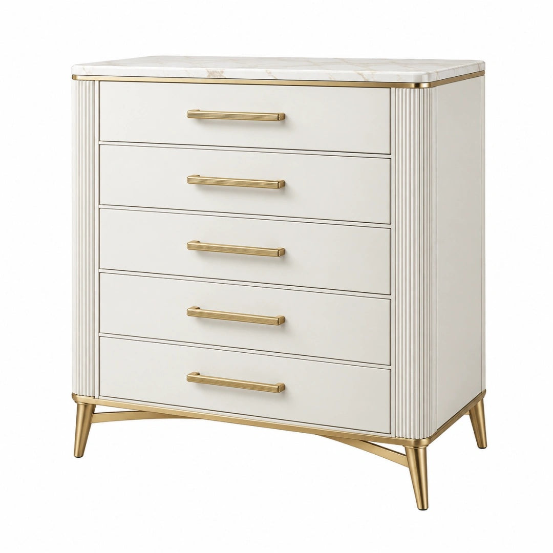 Commode 5 tiroirs 90 x 45 x 100 cm blanche effet marbre style art déco