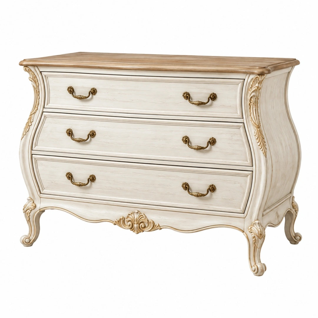 Commode 120 x 50 x 85 cm en bois blanc cassé à 3 tiroirs style classique