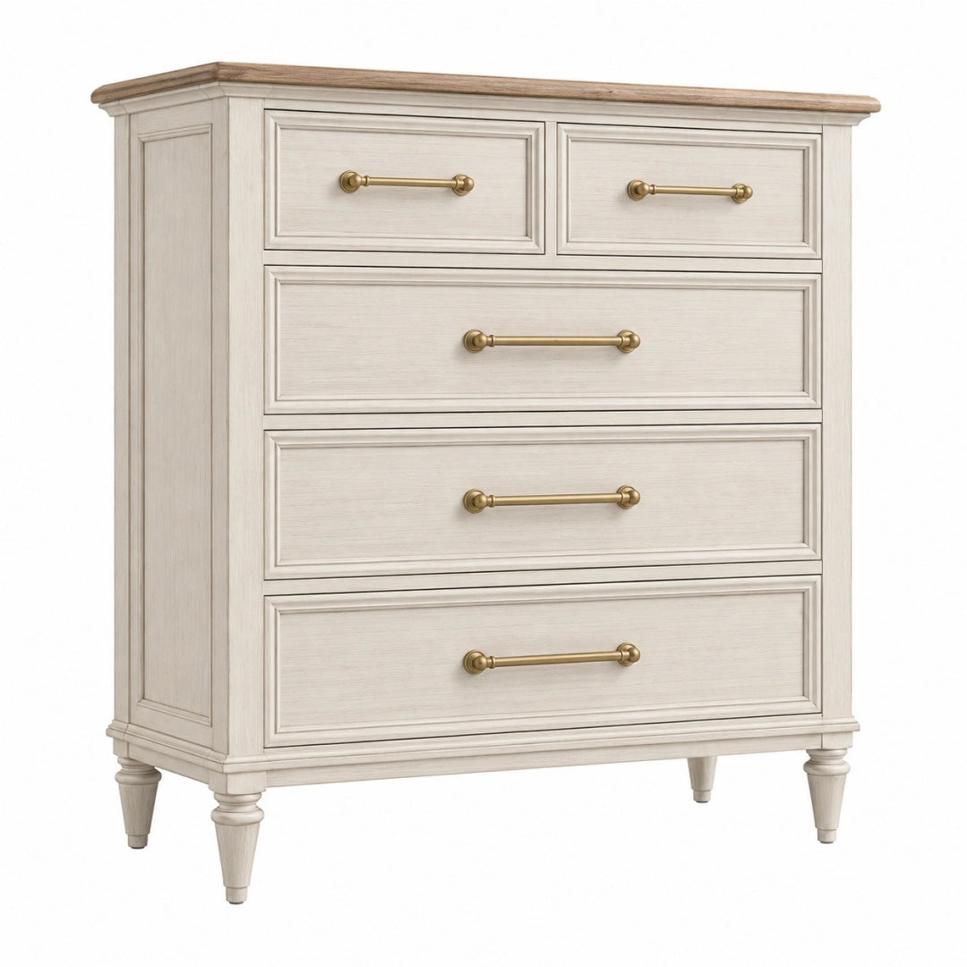 Commode 100 x 45 x 110 cm en bois blanc cassé à 5 tiroirs style classique