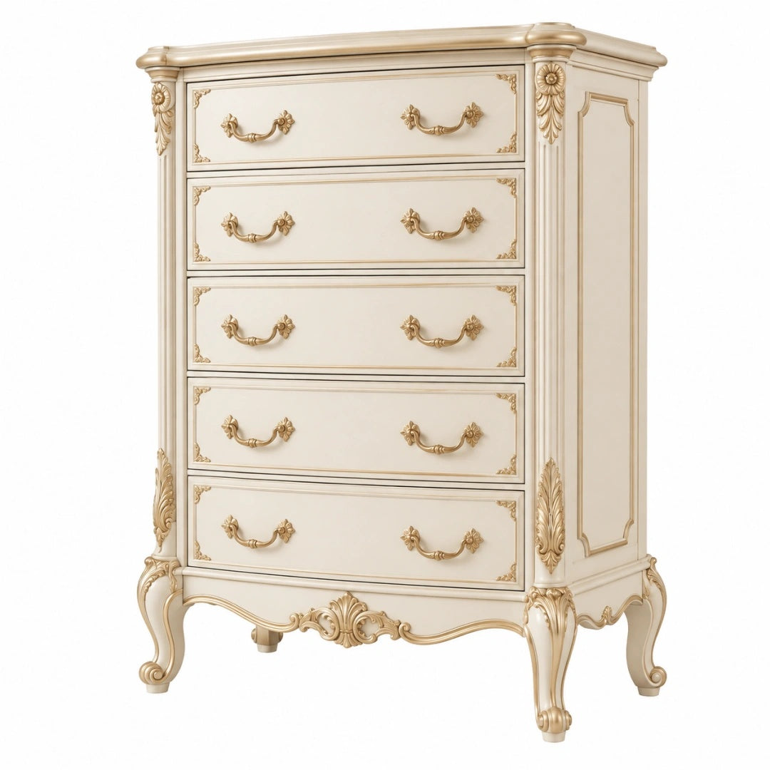 Commode 100 x 50 x 140 cm en bois blanc ivoire et doré à 5 tiroirs style classique