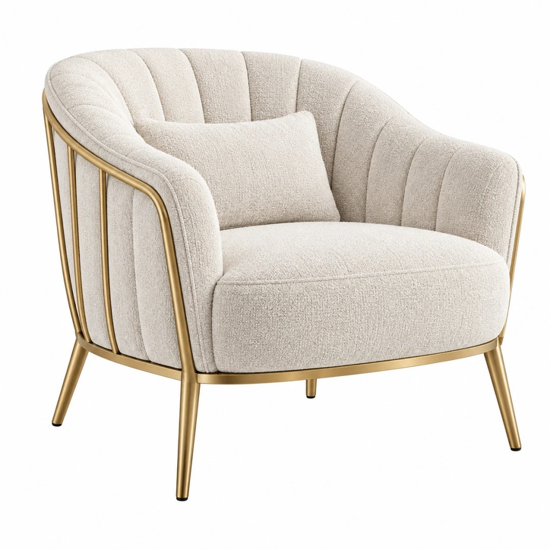 Fauteuil 85 x 78 x 80 cm en tissu texturé crème et métal doré - assise enveloppante