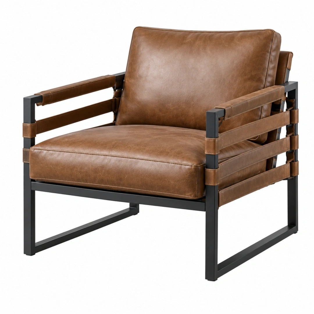 Fauteuil 82 x 78 x 84 cm aspect cuir marron structure en métal style industriel