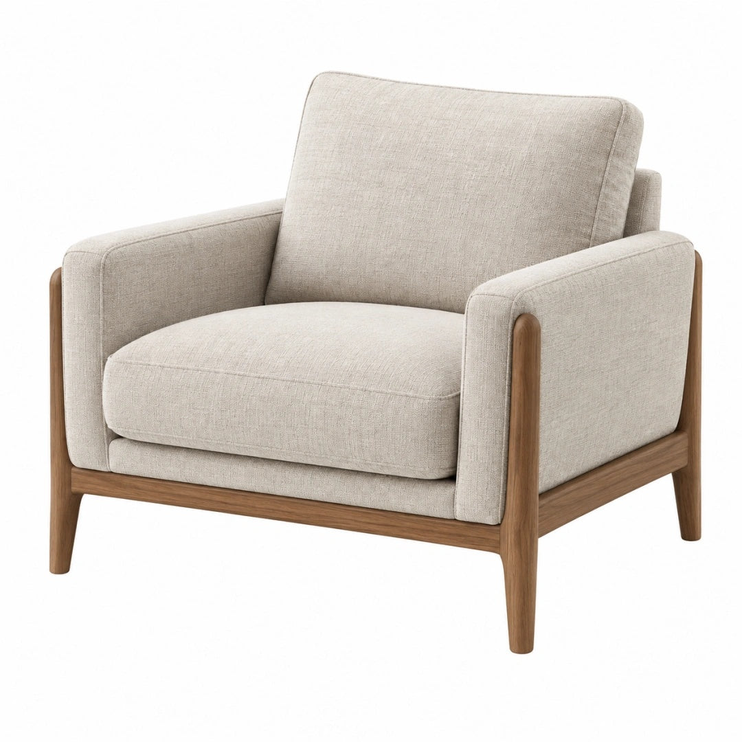 Fauteuil 82 cm en tissu beige et bois naturel style contemporain