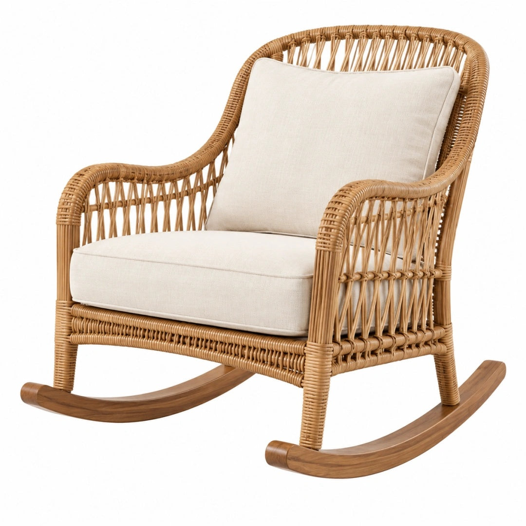 Fauteuil à bascule 70 x 94 x 100 cm en rotin tressé naturel avec assise beige style bohème