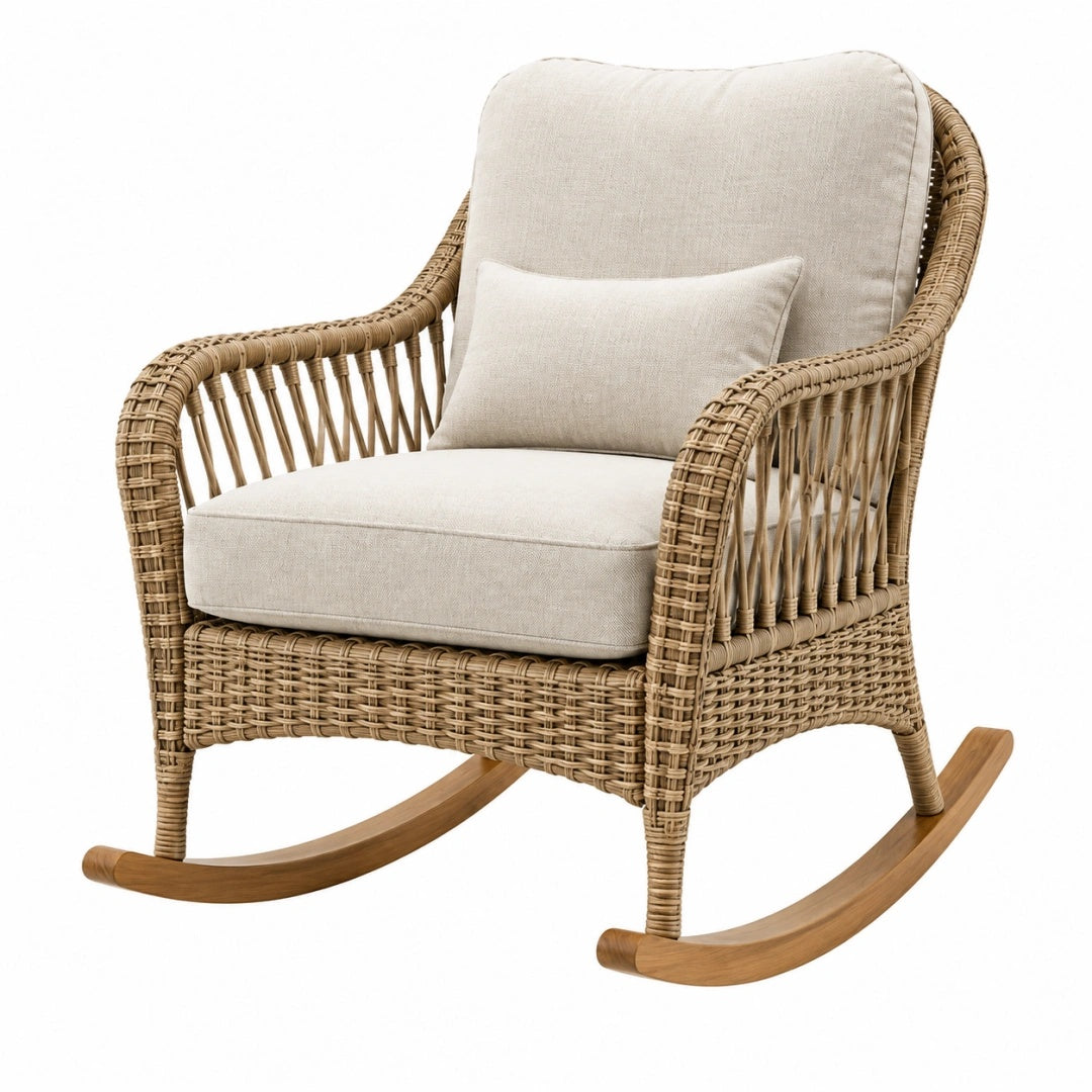 Fauteuil à bascule 85 x 95 x 102 cm en rotin naturel et bois avec assise rembourrée style bohème