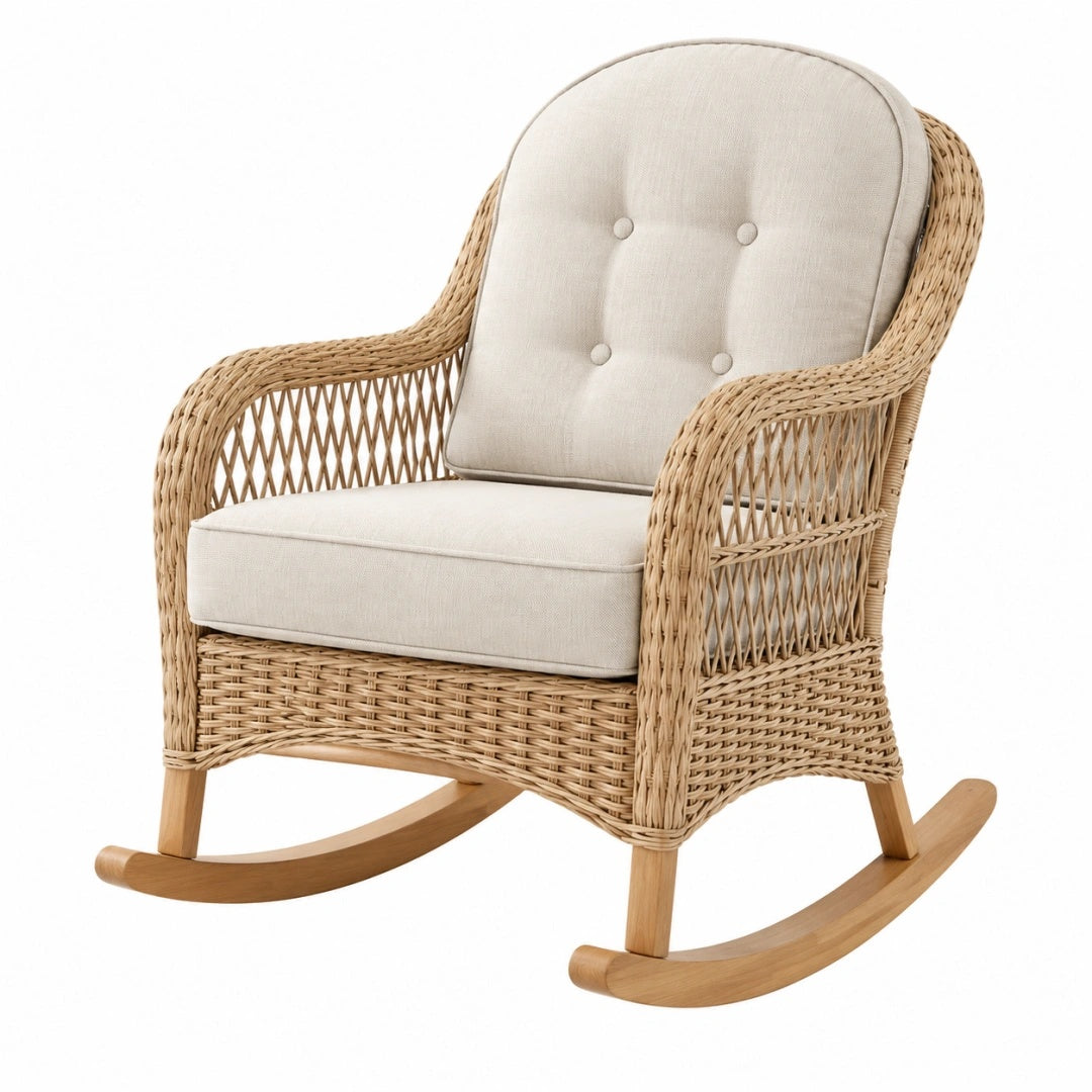 Fauteuil à bascule 70 x 95 x 100 cm en osier naturel et bois avec assise beige style bohème