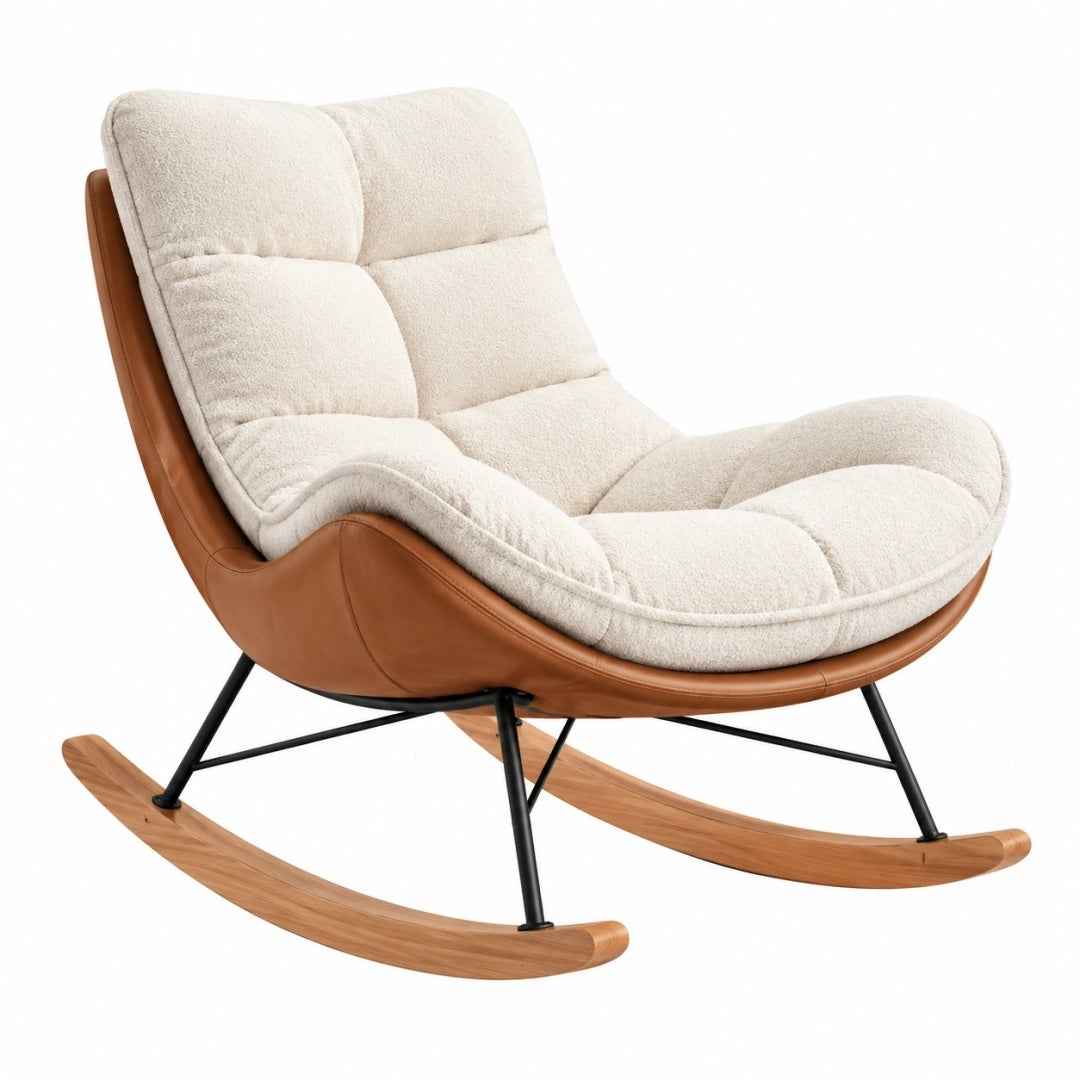 Fauteuil à bascule 100 x 75 x 98 cm en tissu bouclette beige et revêtement aspect cuir brun style contemporain
