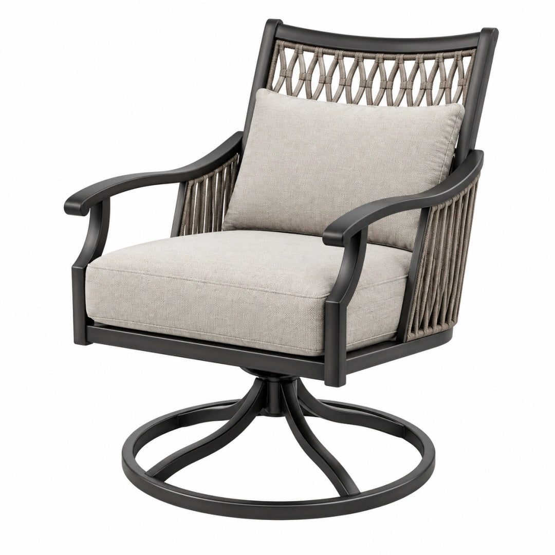 Fauteuil de jardin pivotant 78 x 83 x 96 cm en métal noir et corde gris beige style contemporain