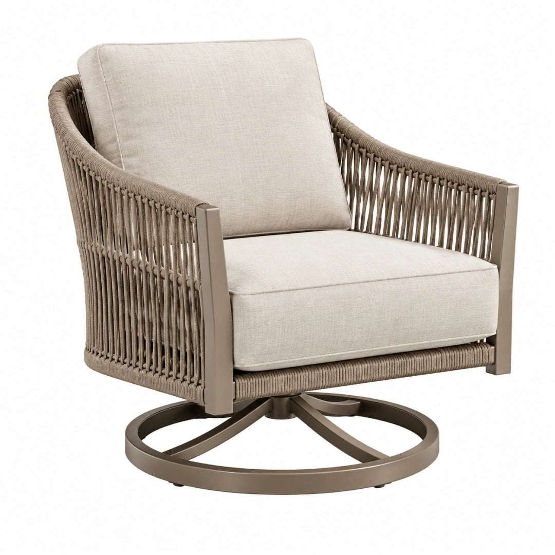 Fauteuil de jardin 75 x 80 x 90 cm en métal et corde tressée taupe pivotant