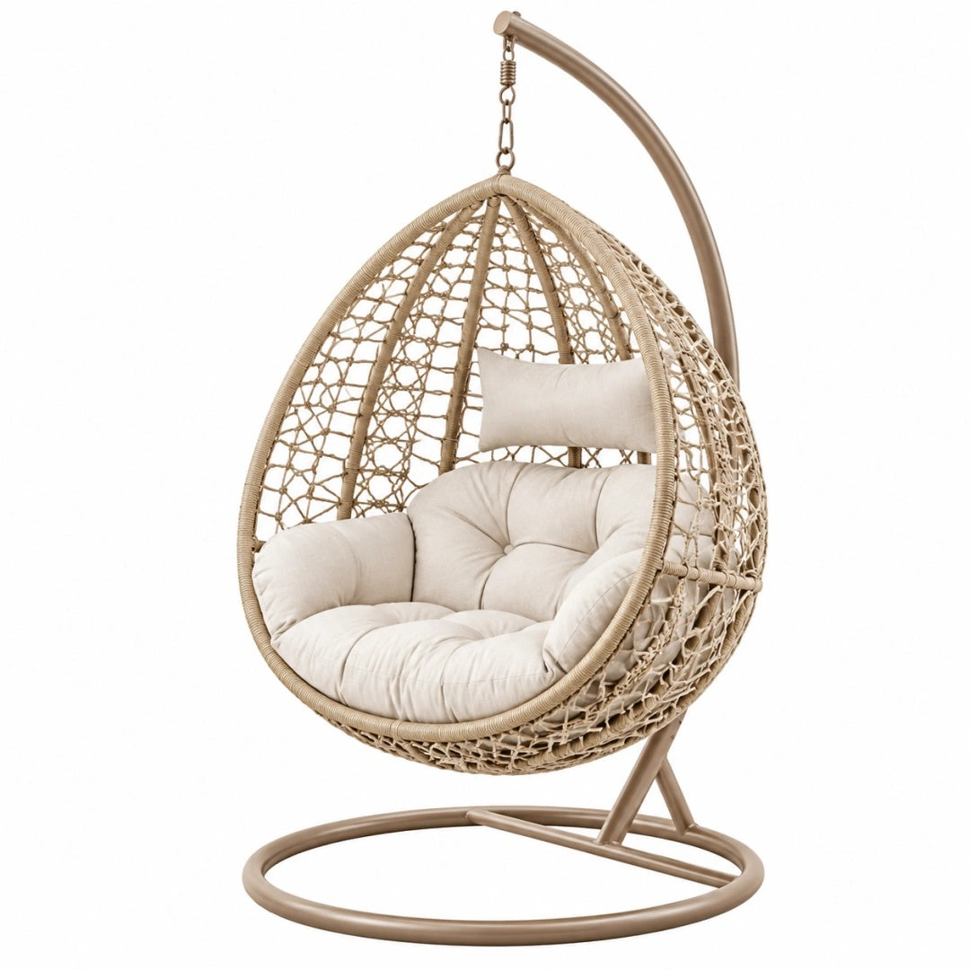 Fauteuil suspendu 105 x 105 x 195 cm en fibres tressées beige pour intérieur et extérieur couvert