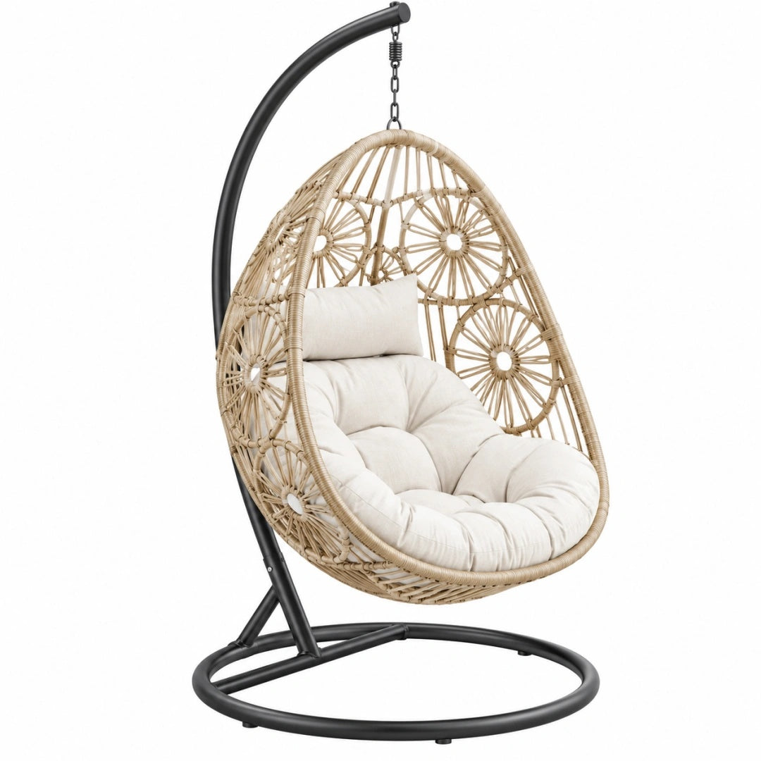 Fauteuil suspendu 105 x 105 x 195 cm en rotin beige et acier noir avec assise rembourrée