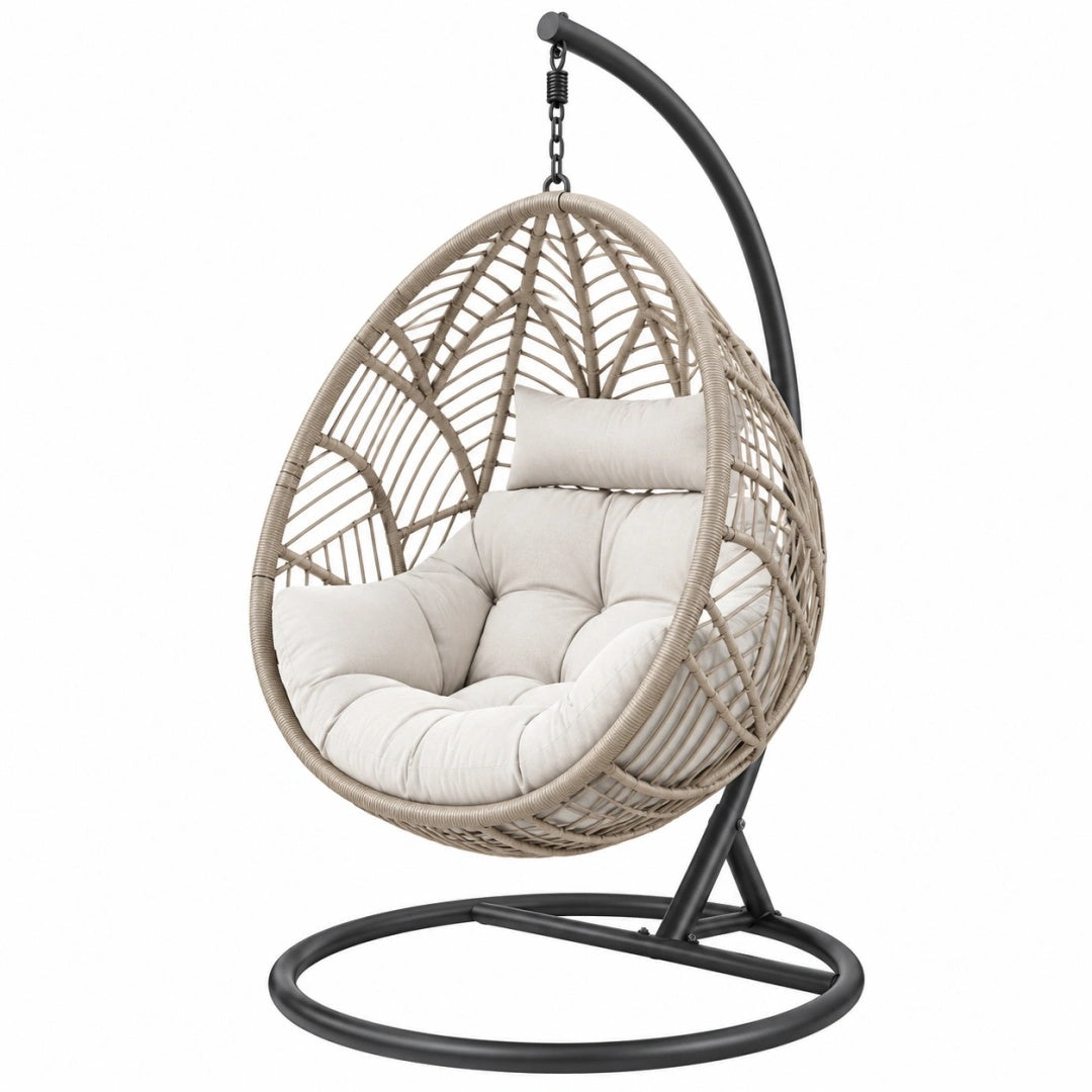 Fauteuil suspendu 105 x 105 x 195 cm en résine tressée beige avec support en acier noir