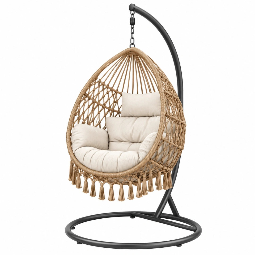 Fauteuil suspendu 105 x 105 x 195 cm en rotin beige et métal noir style bohème avec support