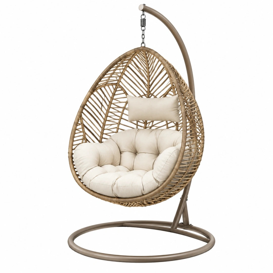 Fauteuil suspendu 105 x 105 x 195 cm en résine tressée beige avec support pour intérieur et extérieur