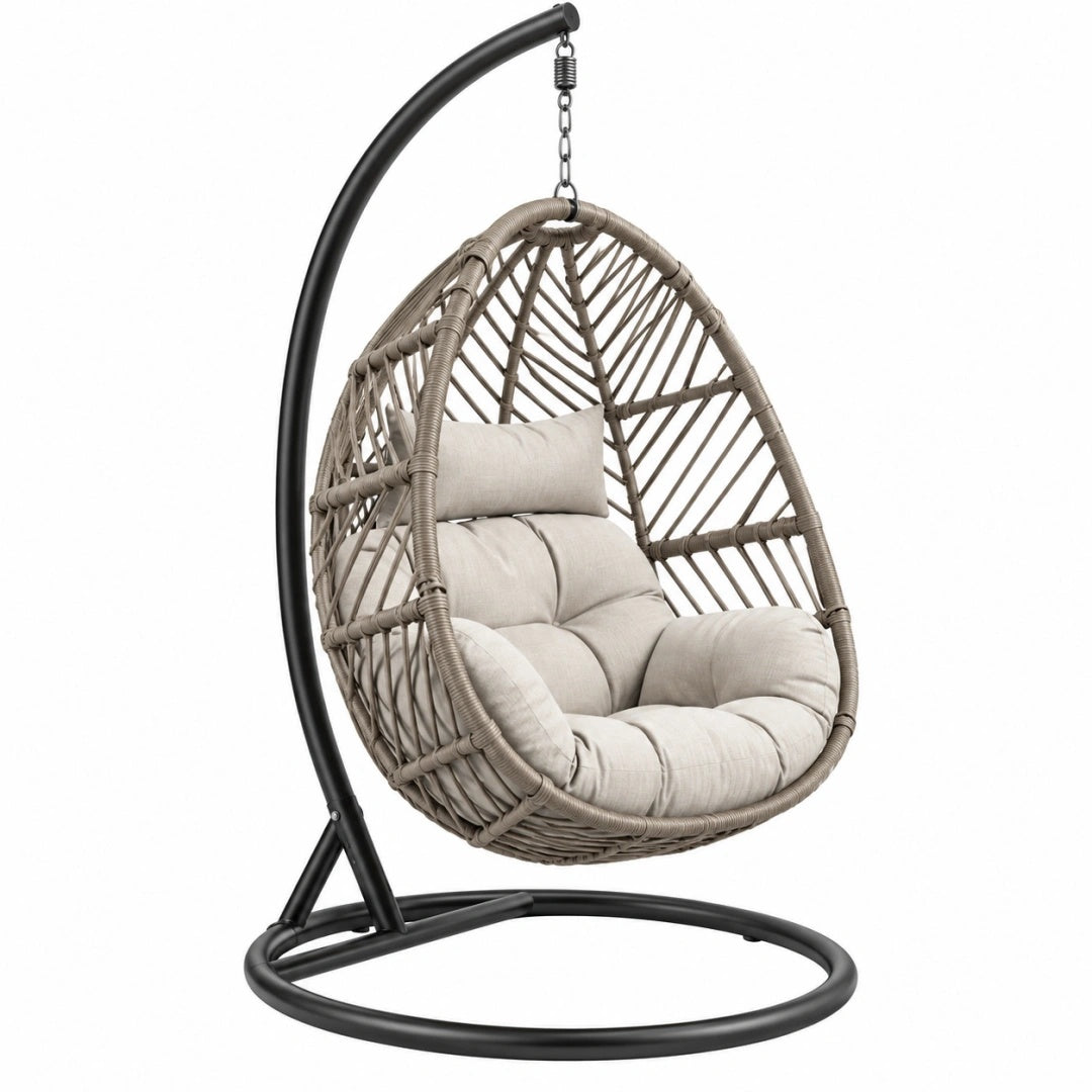 Fauteuil suspendu 105 x 105 x 195 cm en fibre tressée taupe et métal noir pour intérieur et extérieur couvert